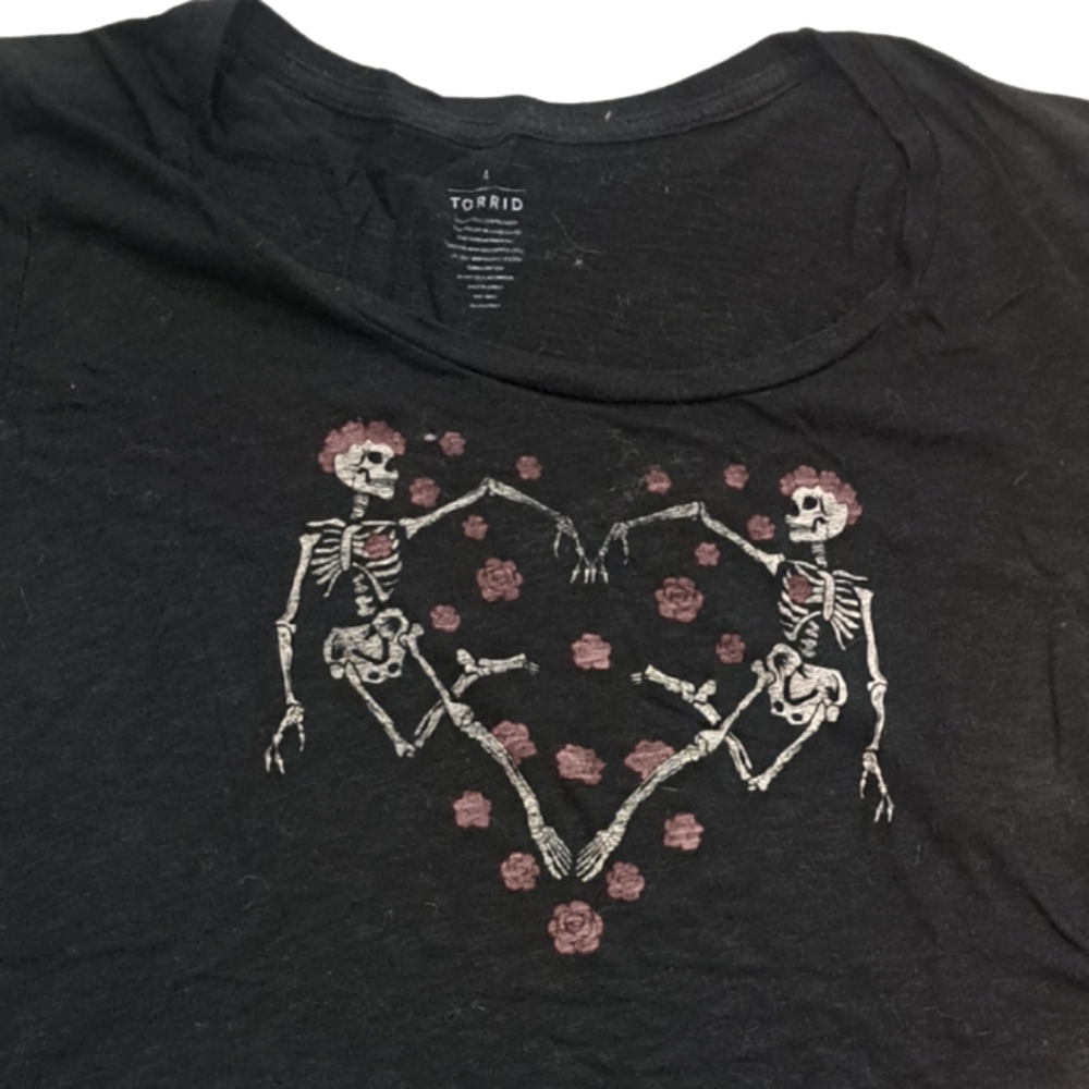 Torrid Black Tee with Skeleton Heart and Rose Design